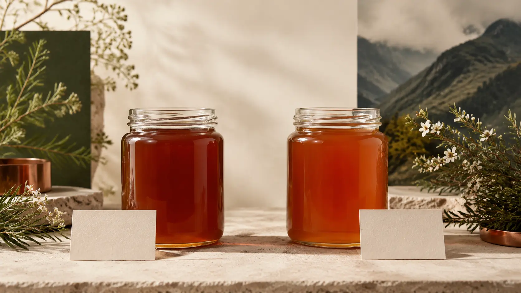 Two unbranded Mānuka honey jars presented with distinct Australian and New Zealand origin studies