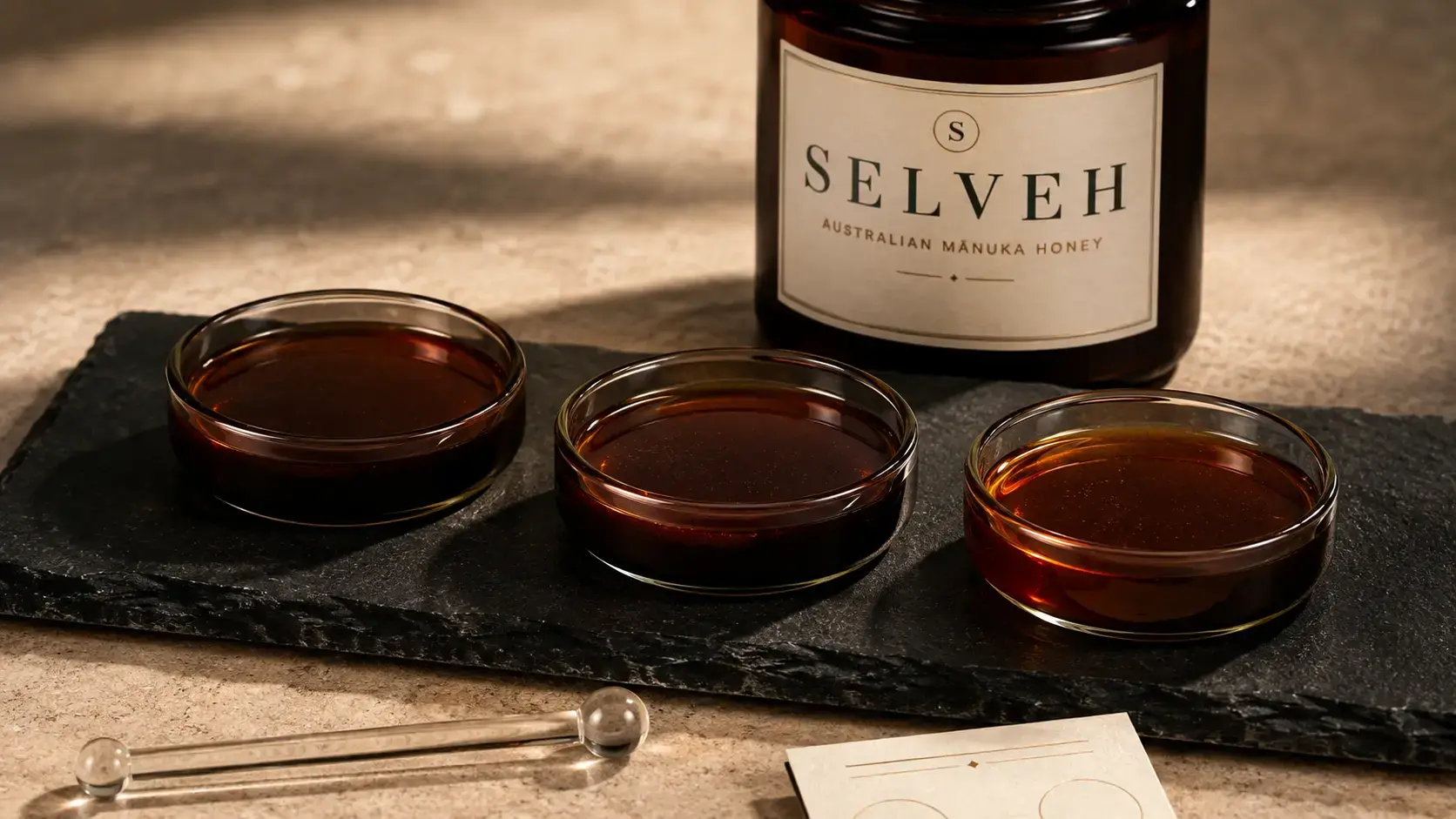 Dark amber honey presented in glass dishes beside a SELVEH Australian line concept jar
